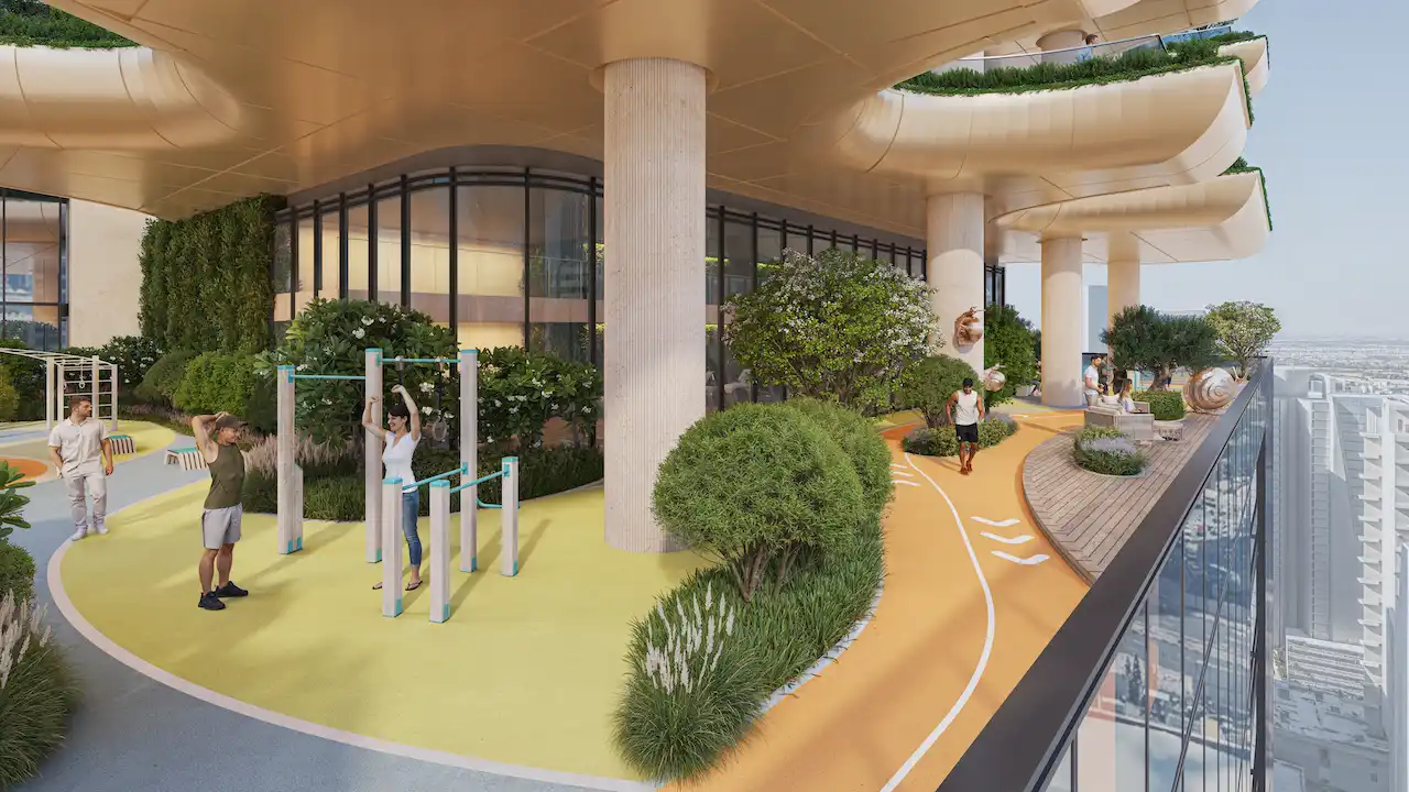 Sobha SkyParks sky sport zone featuring an elevated jogging track, outdoor fitness equipment, and landscaped greenery within a premium community environment overlooking the Gulf, presented by Tohid Fetrat.