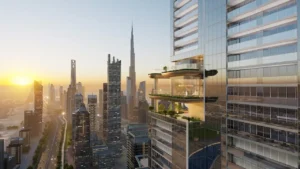 Sky terraces at Sobha SkyParks overlooking Sheikh Zayed Road and Burj Khalifa at sunset in Dubai presented by Tohid Fetrat.
