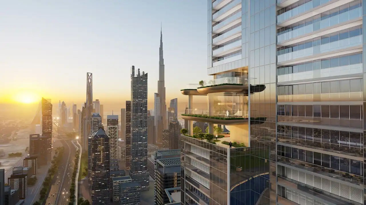Sky terraces at Sobha SkyParks overlooking Sheikh Zayed Road and Burj Khalifa at sunset in Dubai presented by Tohid Fetrat.