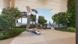 Sobha SkyParks sky wellness and social terrace featuring landscaped greenery, relaxation seating, and sculptural design elements with open views of the city and the Gulf, presented by Tohid Fetrat.
