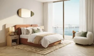 Luxury 3 bedroom apartment guest bedroom at Solaya by Meraas in Dubai, featuring contemporary interior design, floor to ceiling windows, waterfront views and refined finishes, designed for modern coastal living. Presented by Tohid Fetrat.