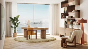 Study room of a 4 bedroom duplex at Solaya by Meraas in Dubai, featuring floor to ceiling windows, waterfront views, refined contemporary design and a calm workspace within a luxury coastal residence. Presented by Tohid Fetrat.