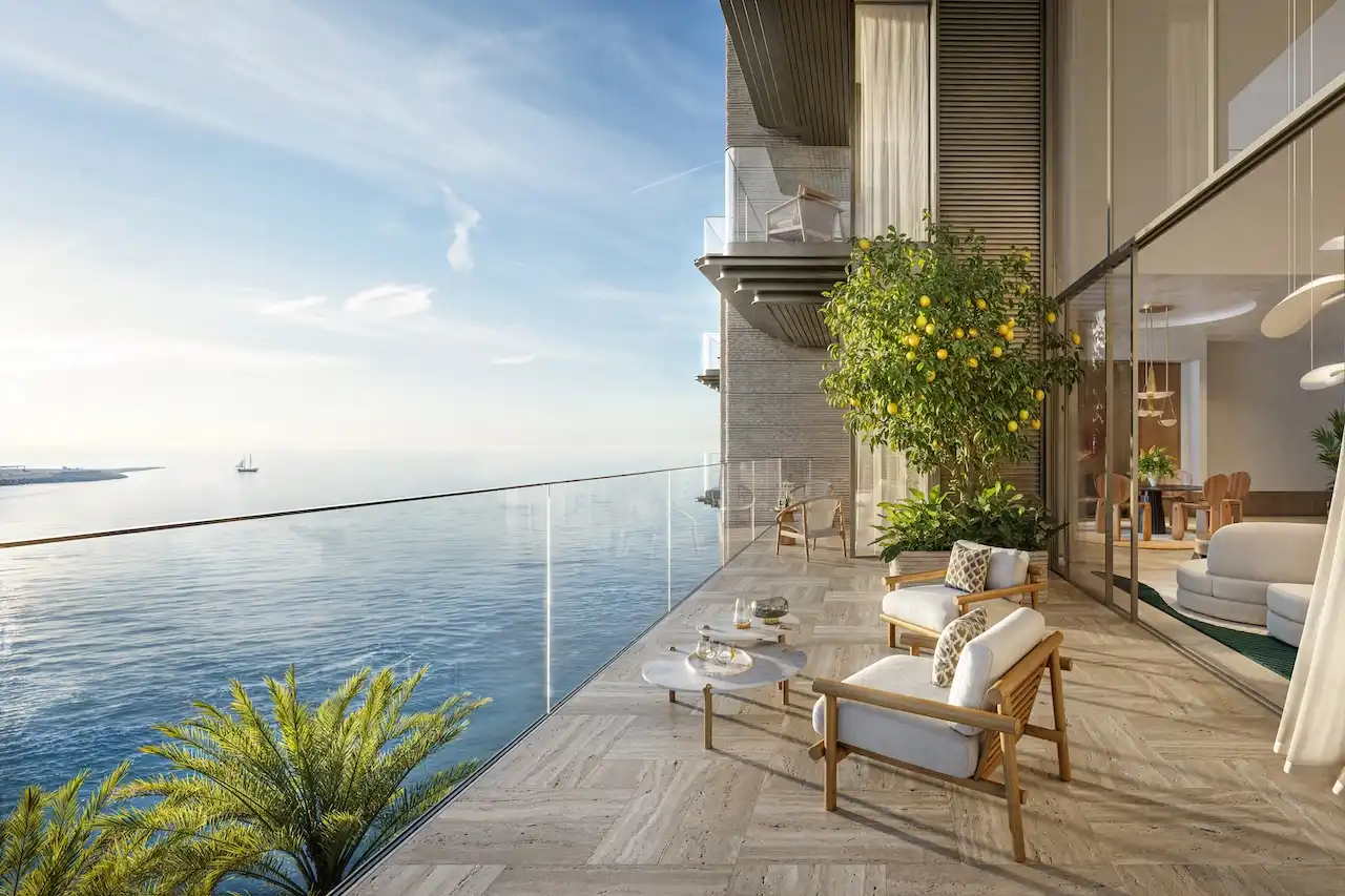 Private terrace of a 4 bedroom duplex at Solaya by Meraas in Dubai, featuring panoramic sea views, outdoor seating, lush greenery and a refined waterfront living experience. Presented by Tohid Fetrat.