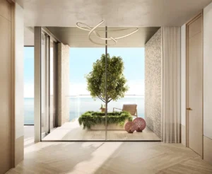 Luxury 4 bedroom apartment entrance lobby at Solaya by Meraas in Dubai, featuring refined contemporary architecture, floor to ceiling glass, private terrace greenery and serene waterfront views, designed for elegant coastal living. Presented by Tohid Fetrat.
