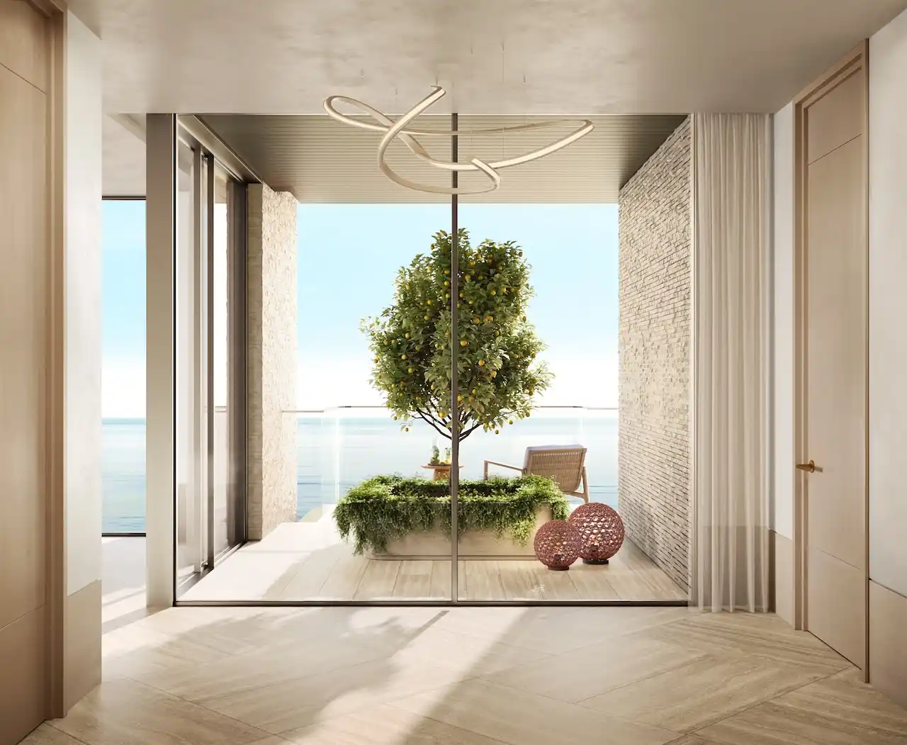 Luxury 4 bedroom apartment entrance lobby at Solaya by Meraas in Dubai, featuring refined contemporary architecture, floor to ceiling glass, private terrace greenery and serene waterfront views, designed for elegant coastal living. Presented by Tohid Fetrat.