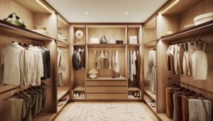 Secondary walk in wardrobe of a 4 bedroom apartment at Solaya by Meraas in Dubai, featuring custom wooden cabinetry, integrated lighting, open shelving and elegant hanging spaces designed for refined daily living. Presented by Tohid Fetrat.
