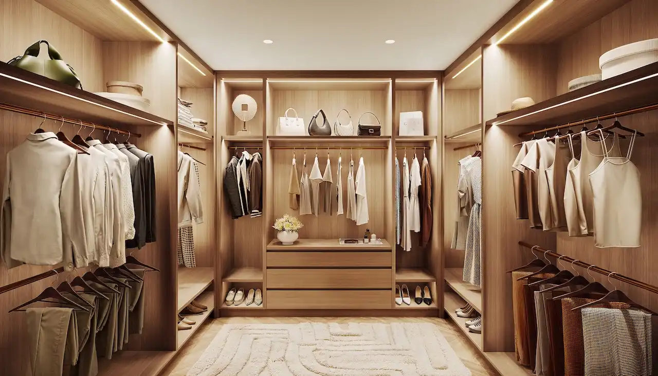 Secondary walk in wardrobe of a 4 bedroom apartment at Solaya by Meraas in Dubai, featuring custom wooden cabinetry, integrated lighting, open shelving and elegant hanging spaces designed for refined daily living. Presented by Tohid Fetrat.
