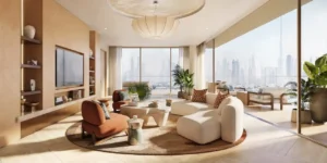 Living room of a 5 bedroom apartment at Solaya by Meraas in Dubai, featuring expansive seating areas, floor to ceiling windows, abundant natural light, skyline views and refined contemporary interiors. Presented by Tohid Fetrat.