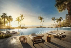 Beachfront swimming pool at Solaya by Meraas in Dubai, featuring an infinity-style pool, palm-lined surroundings, luxury sun loungers and direct views of the Gulf. Presented by Tohid Fetrat.