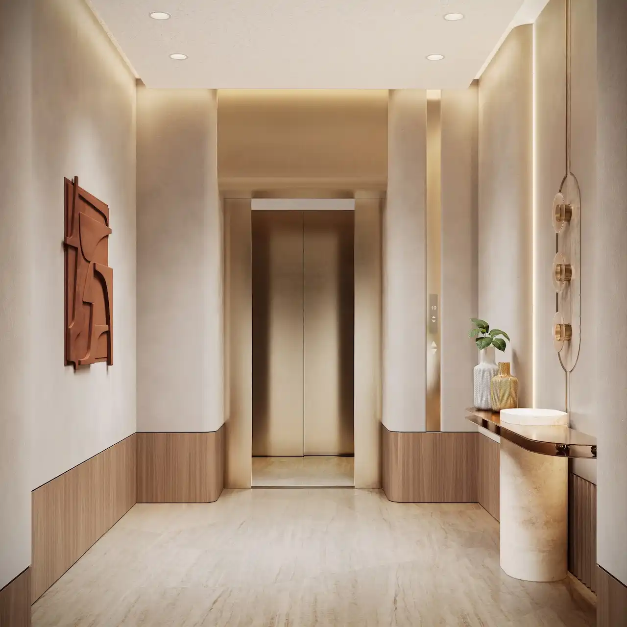 Elevator lobby interior at Solaya by Meraas in Dubai, featuring a refined minimalist design with warm wood panels, soft lighting, sculptural wall art and a calm luxury atmosphere. Presented by Tohid Fetrat.
