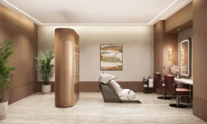 Luxury hair salon interior at Solaya by Meraas in Dubai, featuring elegant styling chairs, private treatment areas, premium finishes and a refined wellness focused design. Presented by Tohid Fetrat.