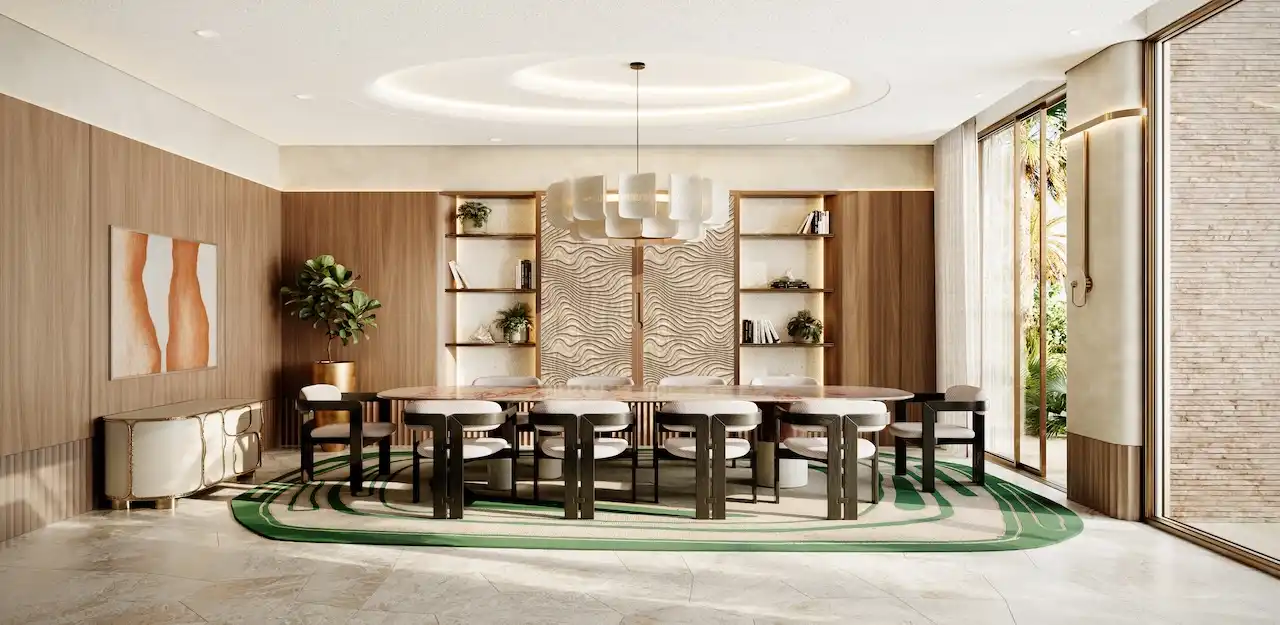 Elegant meeting room interior at Solaya by Meraas in Dubai, featuring a long conference table, refined wood finishes, natural lighting and a calm luxury focused design. Presented by Tohid Fetrat.