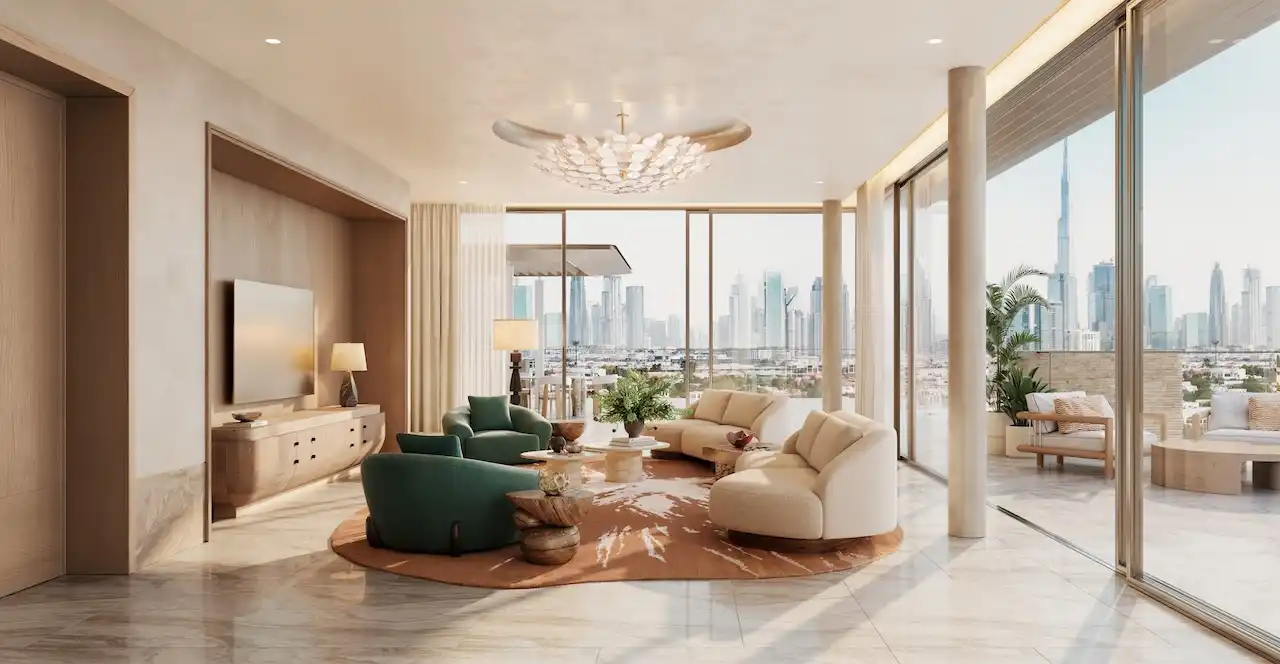 Penthouse living room interior at Solaya by Meraas in Dubai, featuring elegant contemporary furniture, floor to ceiling glass, panoramic city skyline views and a refined luxury residential design. Presented by Tohid Fetrat.