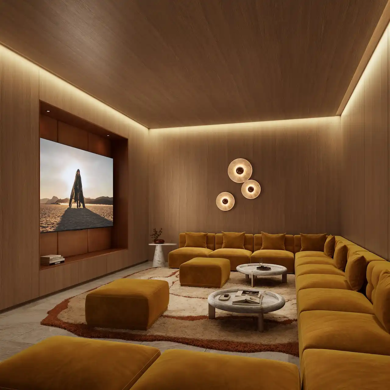 Penthouse private cinema interior at Solaya by Meraas in Dubai, featuring a luxury home theater with plush seating, warm ambient lighting and an exclusive cinematic atmosphere. Presented by Tohid Fetrat.