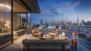 Penthouse terrace at Solaya by Meraas in Dubai, featuring a luxury outdoor lounge with panoramic Dubai skyline views and Burj Khalifa in the background. Presented by Tohid Fetrat.