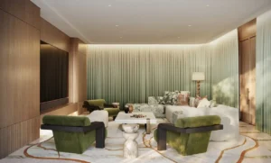 Private cinema interior at Solaya by Meraas in Dubai, featuring plush seating, refined wood finishes, soft ambient lighting and a luxurious home theater experience. Presented by Tohid Fetrat.