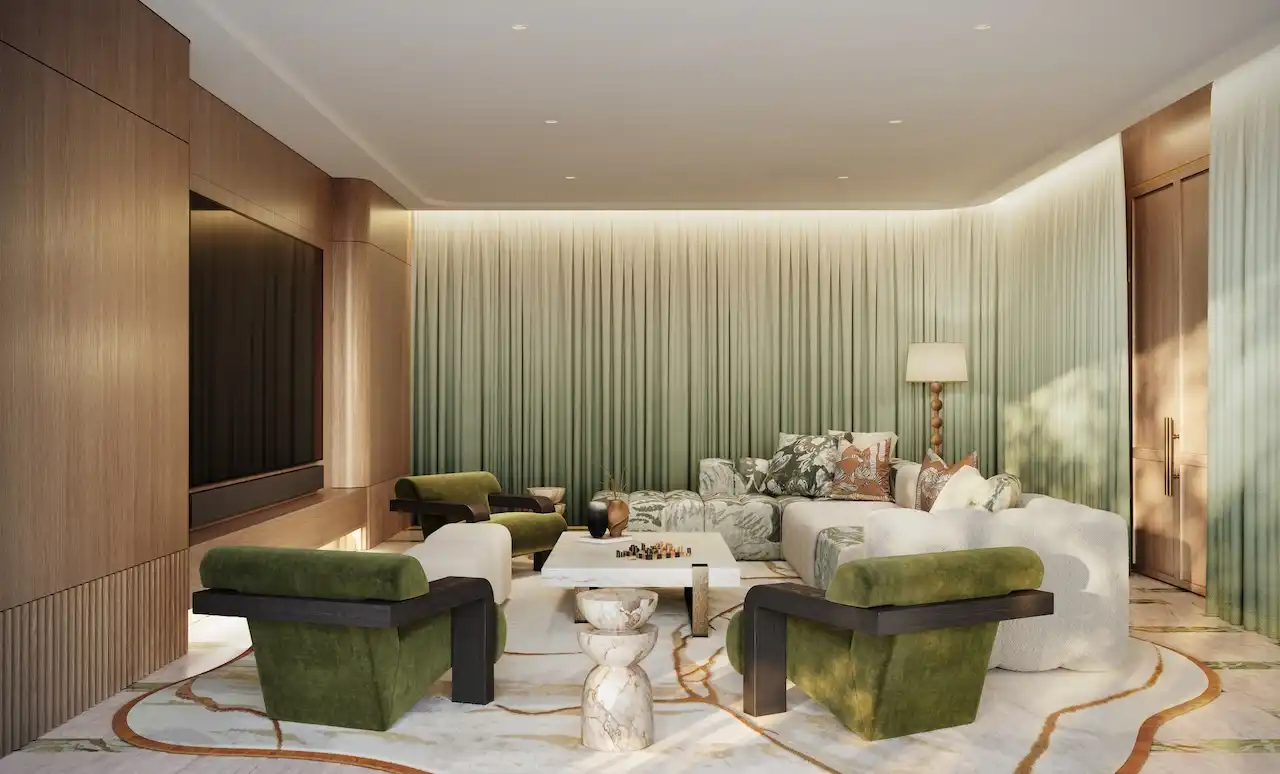 Private cinema interior at Solaya by Meraas in Dubai, featuring plush seating, refined wood finishes, soft ambient lighting and a luxurious home theater experience. Presented by Tohid Fetrat.