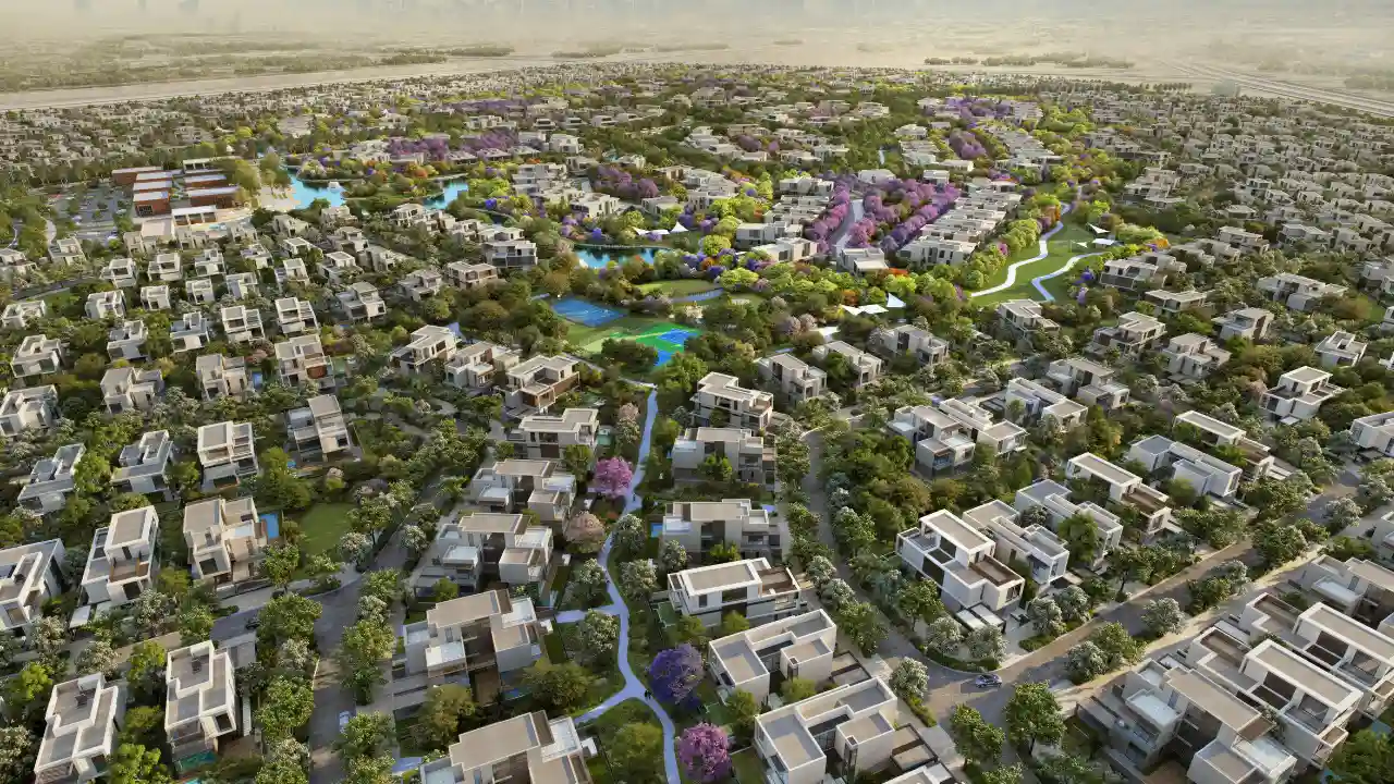 The Acres by Meraas Dubai — luxury villas community in Dubailand surrounded by greenery and water features — presented by Tohid Fetrat.
