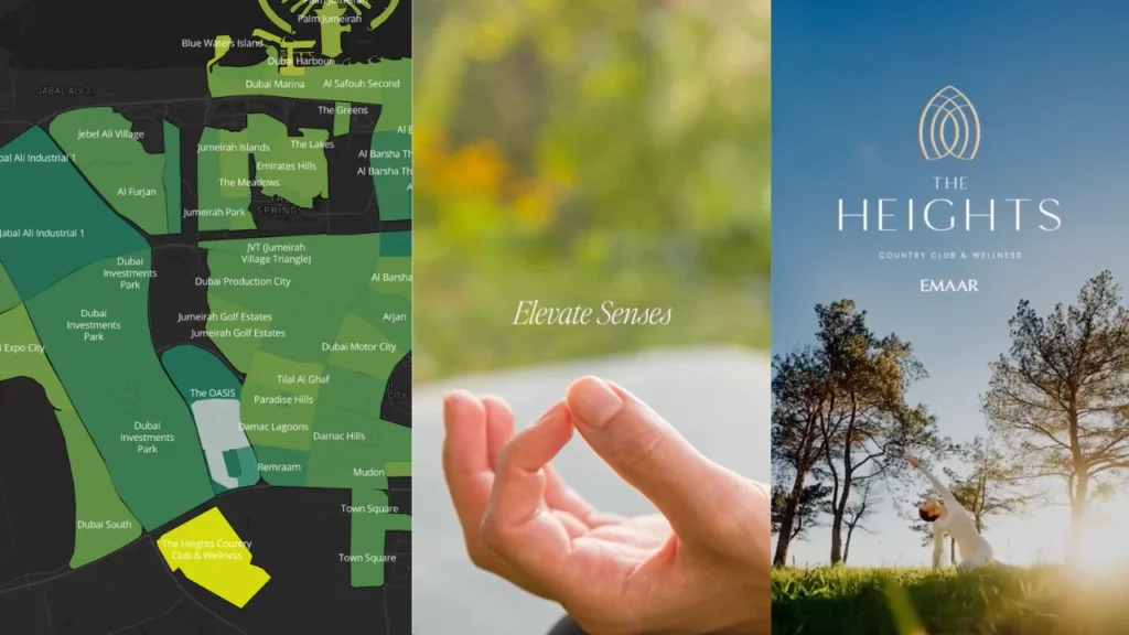 The Heights Country Club & Wellness by Emaar location overview map and lifestyle teaser, highlighting a nature-focused luxury wellness community in Dubai. Presented by Tohid Fetrat.