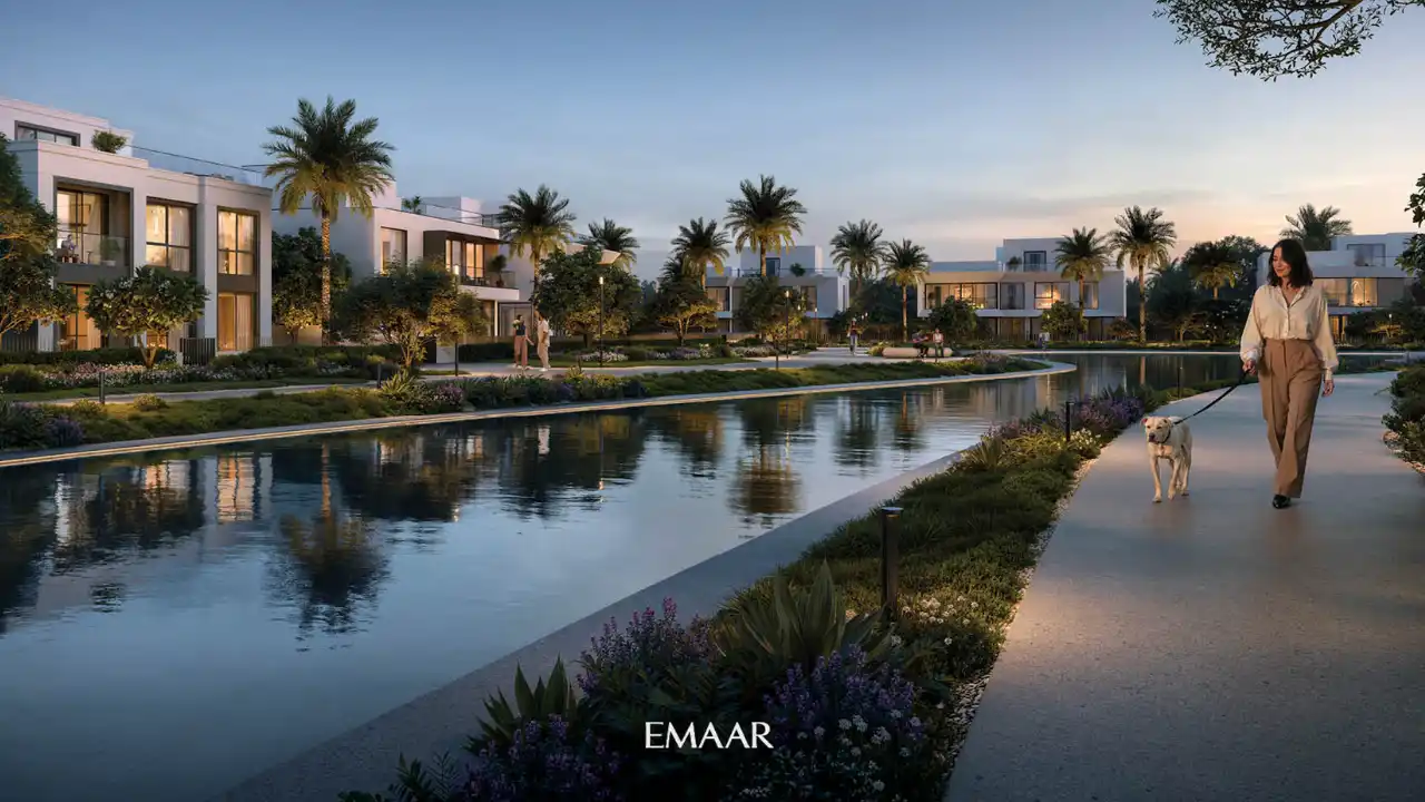 Evening view of lagoon front villas at The Oasis by Emaar with landscaped pathways palm trees and a resident walking a dog presented by Tohid Fetrat.