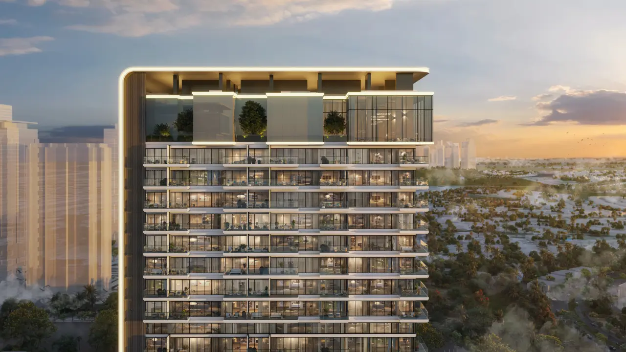 Sunset exterior view of Upper House by Ellington featuring contemporary architecture, glass balconies, and elevated terraces overlooking Dubai’s skyline. Presented by Tohid Fetrat.