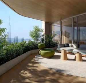 Sky lounge terrace at Lumena Alta featuring curved architecture, lush greenery, designer seating, and panoramic Burj Khalifa views in Dubai. Presented by Tohid Fetrat.