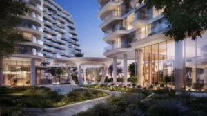 Second unique view of the arrival piazza at Arival Piazza Passo by Beyond, featuring sculptural canopy architecture, covered drop off area, floor to ceiling glass lobby façades, landscaped gardens, and flowing residential balconies forming a refined entry sequence. Presented by Tohid Fetrat.