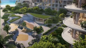 Central parkland at Arival Piazza Passo by Beyond featuring landscaped gardens, shaded walking paths, sculpted greenery, and surrounding residential balconies creating a calm outdoor living environment within the community. Presented by Tohid Fetrat.