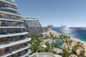 Pool and private beach view at Arival Piazza Passo by Beyond featuring layered resort style pools, landscaped gardens, direct sandy beachfront access, curved glass balconies, and expansive sea views across a calm waterfront setting. Presented by Tohid Fetrat.