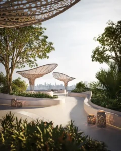 Sky garden at Arival Piazza Passo by Beyond featuring elevated landscaped walkways, sculptural shade structures, integrated seating areas, lush greenery, and open skyline views creating a serene outdoor retreat within the residential development. Presented by Tohid Fetrat.