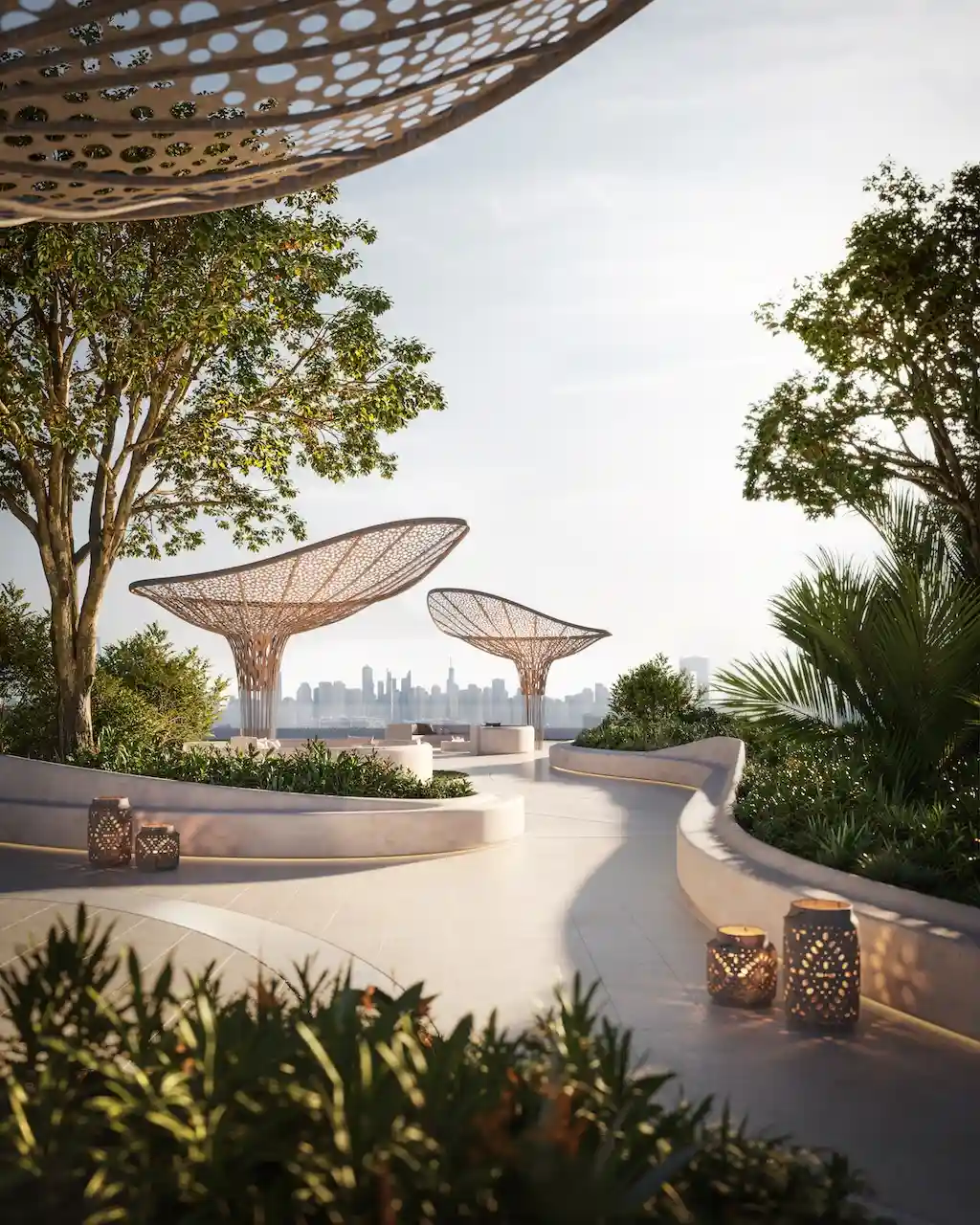 Sky garden at Arival Piazza Passo by Beyond featuring elevated landscaped walkways, sculptural shade structures, integrated seating areas, lush greenery, and open skyline views creating a serene outdoor retreat within the residential development. Presented by Tohid Fetrat.
