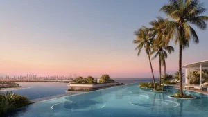 Sky pool and garden at Arival Piazza Passo by Beyond overlooking calm waterfront views at sunset, featuring an elevated infinity pool, palm trees integrated within the water, landscaped terraces, and open horizon vistas creating a refined rooftop retreat. Presented by Tohid Fetrat.