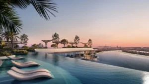 Second unique view of the sky pool and garden at Arival Piazza Passo by Beyond, featuring an elevated infinity edge pool, sculptural sun loungers, landscaped terraces, and expansive waterfront views creating a serene rooftop lifestyle setting. Presented by Tohid Fetrat.