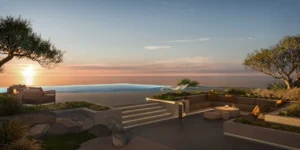 Spa and social deck at Arival Piazza Passo by Beyond featuring an elevated infinity pool at sunset, sunken lounge seating, landscaped terraces, calm water edge, and open sea horizon creating a tranquil wellness and social setting. Presented by Tohid Fetrat.