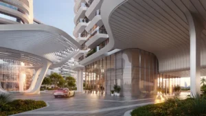 Arrival piazza at Arival Piazza Passo by Beyond featuring a sculptural architectural canopy, covered VIP drop off zone, floor to ceiling glass lobby, landscaped walkways, and contemporary residential façades defining a refined entrance experience. Presented by Tohid Fetrat.