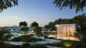 Wellness pavilion at Arival Piazza Passo by Beyond featuring a glass enclosed relaxation space surrounded by landscaped gardens, water features, soft lighting, and open views toward the Dubai skyline in a calm outdoor setting. Presented by Tohid Fetrat.