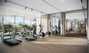 Modern fitness gym at Atelis at d3 featuring state-of-the-art cardio equipment, mirrored workout zones, floor-to-ceiling windows, and palm-lined outdoor views in Dubai Design District. Presented by Tohid Fetrat.