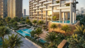 Landscaped podium at Atelis at d3 featuring resort-style swimming pools, lush palm gardens, and contemporary residential architecture in Dubai Design District. Presented by Tohid Fetrat.