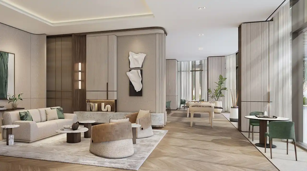 Multipurpose lounge at Atelis at d3 featuring elegant seating areas, soft neutral interiors, curated artwork, and flexible social spaces designed for relaxation and community living in Dubai Design District. Presented by Tohid Fetrat.