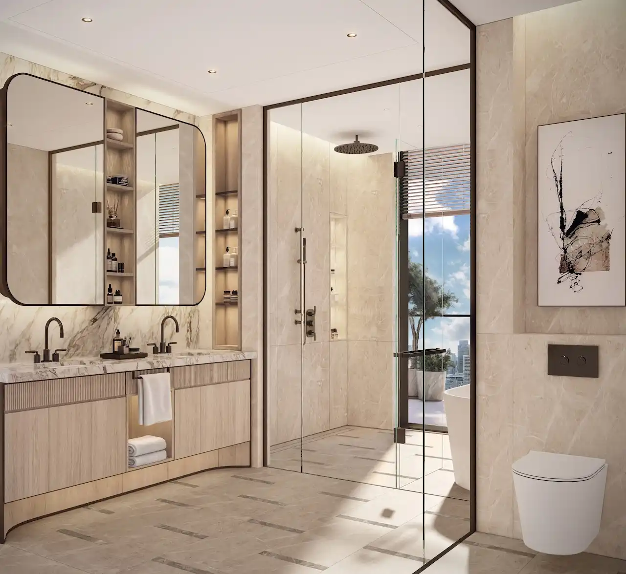 Penthouse master bathroom at Atelis at d3 featuring marble finishes, double vanity, walk-in rain shower, and floor-to-ceiling glazing with refined contemporary detailing in Dubai Design District. Presented by Tohid Fetrat.