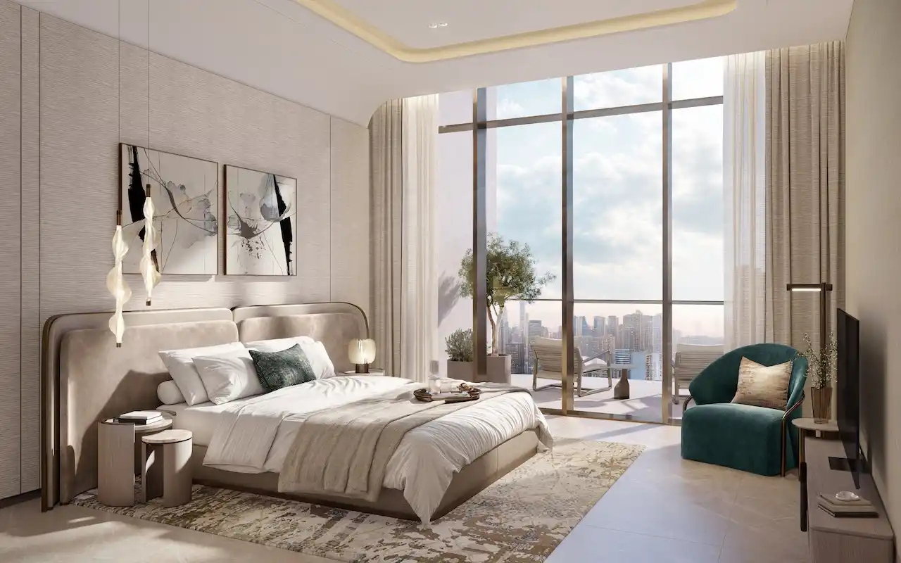 Penthouse master bedroom at Atelis at d3 featuring floor-to-ceiling windows, refined contemporary design, soft neutral finishes, and a private terrace with panoramic Dubai skyline views in Dubai Design District. Presented by Tohid Fetrat.