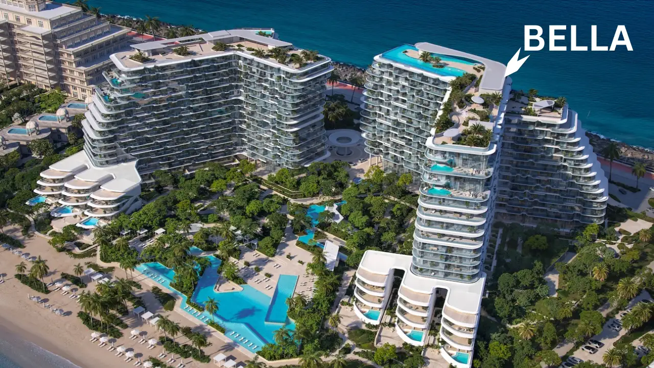 Aerial beachfront masterplan view of Bella at Passo by Beyond on Palm Jumeirah featuring stepped residential buildings, rooftop terraces, landscaped gardens, resort style swimming pools, and direct shoreline setting in Dubai. Presented by Tohid Fetrat.