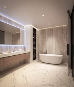 Luxury bathroom at Bella at Passo by Beyond Beach Mansion featuring a freestanding bathtub, marble flooring, refined modern finishes, and soft ambient lighting on Palm Jumeirah, Presented by Tohid Fetrat