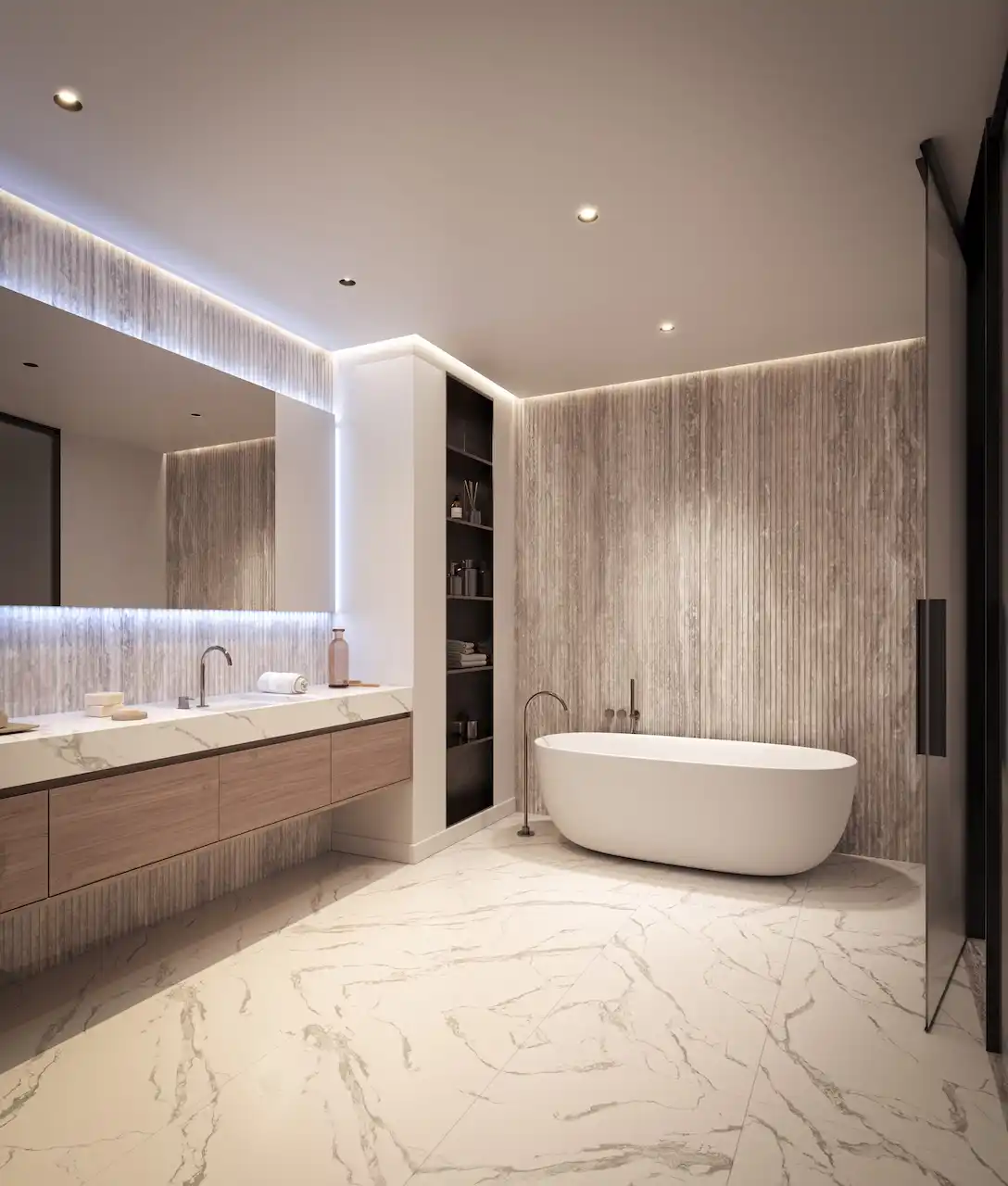 Luxury bathroom at Bella at Passo by Beyond Beach Mansion featuring a freestanding bathtub, marble flooring, refined modern finishes, and soft ambient lighting on Palm Jumeirah, Presented by Tohid Fetrat