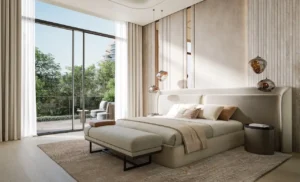 Luxury bedroom at Bella at Passo by Beyond Beach Mansion featuring a refined modern interior, soft neutral tones, floor-to-ceiling windows, and a private terrace view on Palm Jumeirah, Presented by Tohid Fetrat