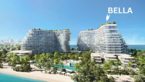 Beachfront tower view of Bella at Passo by Beyond on Palm Jumeirah showcasing stepped contemporary architecture, landscaped podium gardens, resort style swimming pools, and direct coastal setting in Dubai. Presented by Tohid Fetrat.