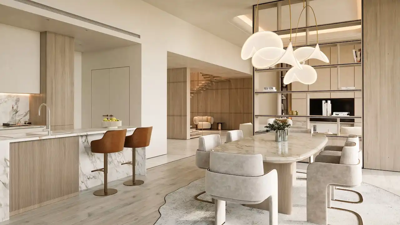 Wellness Collection kitchen and dining area at Bella at Passo by Beyond featuring a modern open-plan layout, marble finishes, bespoke cabinetry, elegant dining space, and refined contemporary interior design on Palm Jumeirah, Presented by Tohid Fetrat