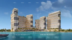 Chelsea Residences by DAMAC masterplan view showing Chelsea Residences 1 and 2 with Tower A, Tower B, and Tower C configurations along a premium waterfront setting in Dubai. Presented by Tohid Fetrat.