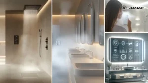 Smart wellness bathroom concept at Chelsea Residences by DAMAC, featuring steam shower, touch-control mirrors, and health-monitoring smart displays designed for a pure and vital lifestyle in Dubai. Presented by Tohid Fetrat.