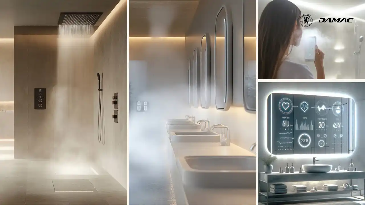 Smart wellness bathroom concept at Chelsea Residences by DAMAC, featuring steam shower, touch-control mirrors, and health-monitoring smart displays designed for a pure and vital lifestyle in Dubai. Presented by Tohid Fetrat.